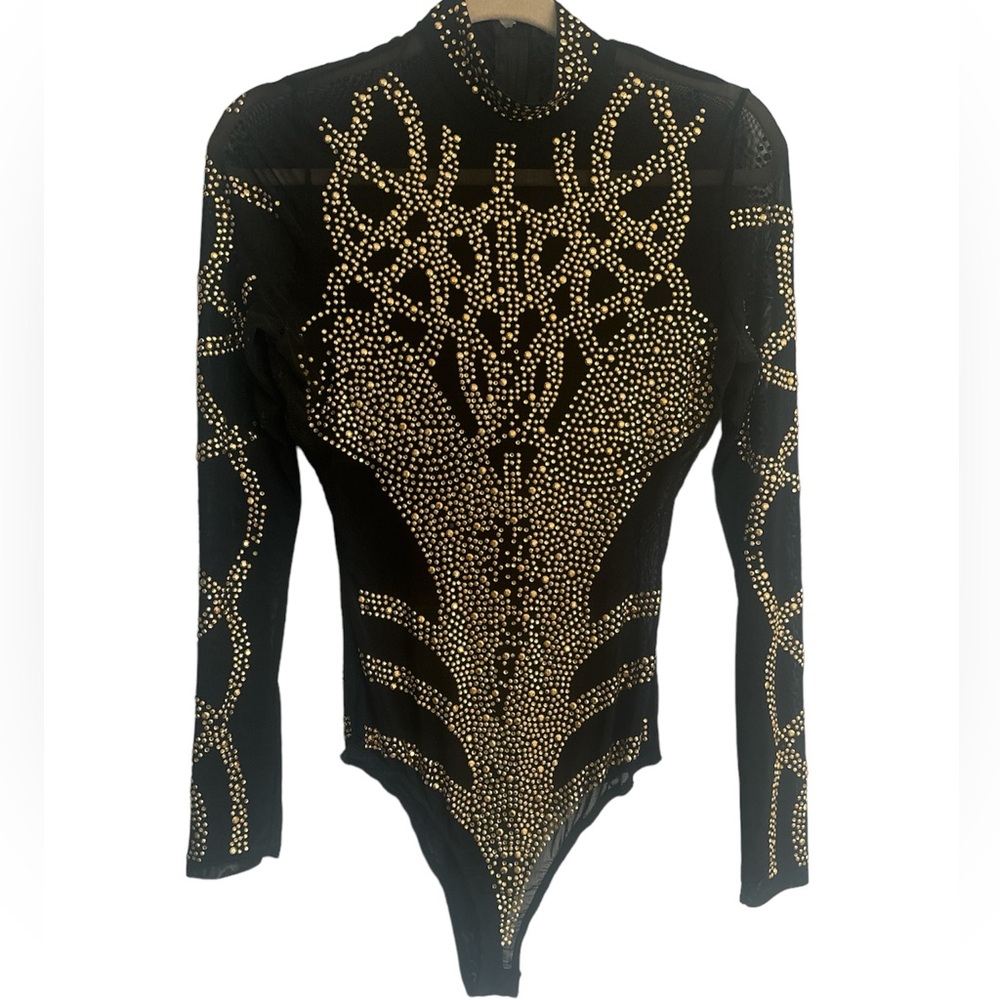 Black mesh bodysuit with gold gem appliqué Size M BOUTIQUE